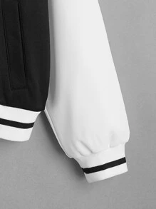 SHEIN Cô gái Áo khoác Đại học Thư được vá Sọc trang trí Khối màu - Đen và trắng - Xem 4