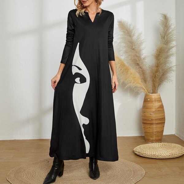 

Figure Graphic Notched Neckline Hidden Pocket Dress, Black