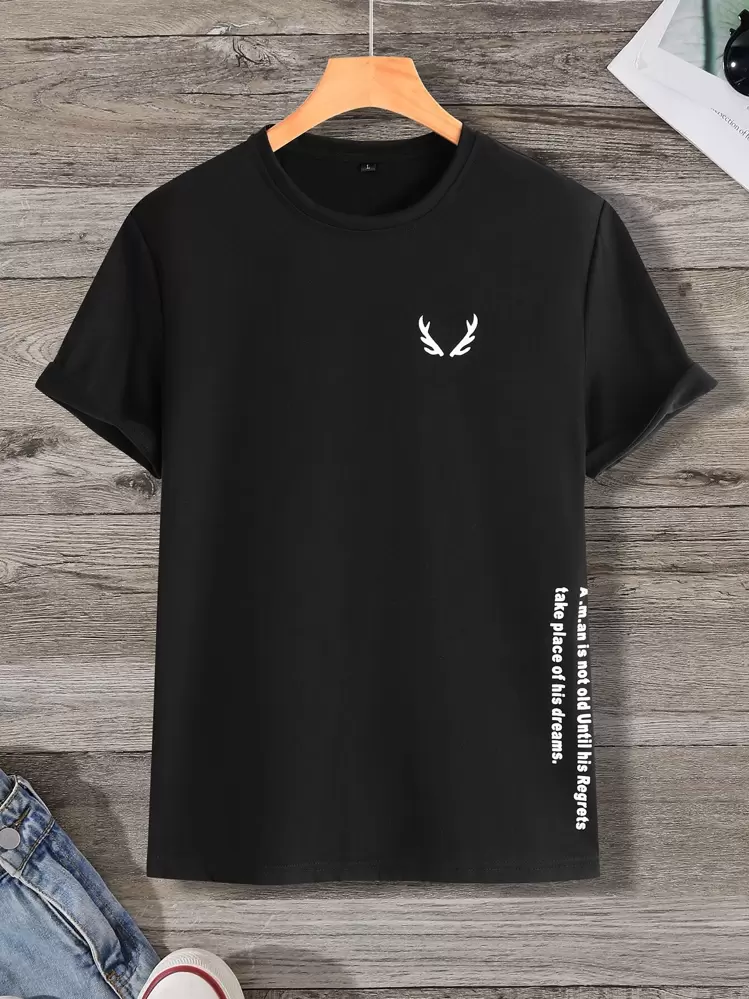 Manfinity Homme Men Antler And Slogan Graphic Tee - Black - View 1