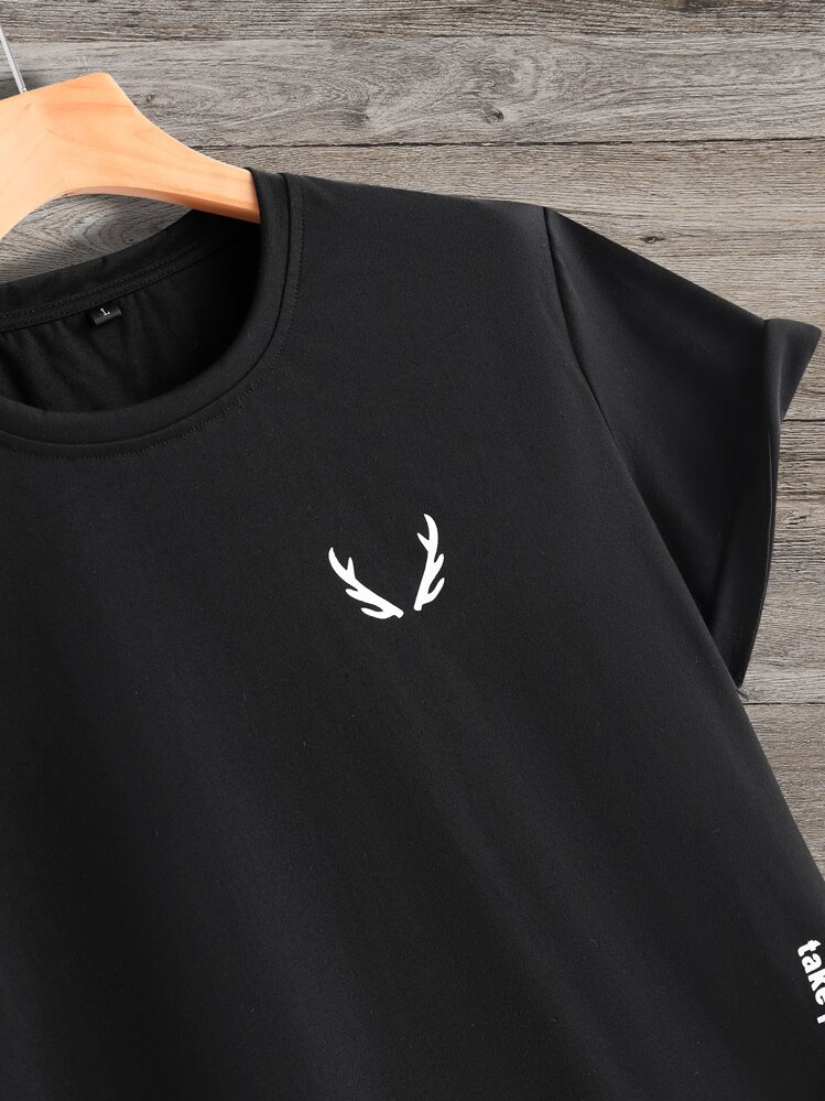 Manfinity Homme Men Antler And Slogan Graphic Tee - Black - View 4