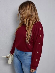 Camiseta de hombros caídos unicolor con diseño de botón - Burdeos - Ver 1