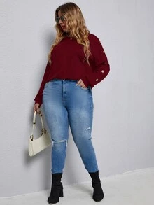 Camiseta de hombros caídos unicolor con diseño de botón - Burdeos - Ver 3