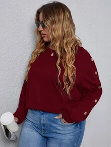 Camiseta de hombros caídos unicolor con diseño de botón - Burdeos - Ver 4