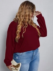 Camiseta de hombros caídos unicolor con diseño de botón - Burdeos - Ver 5