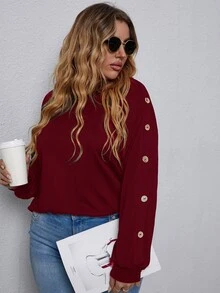 Camiseta de hombros caídos unicolor con diseño de botón - Burdeos - Ver 6