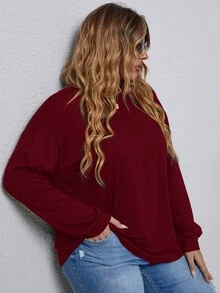 Camiseta de hombros caídos unicolor con diseño de botón - Burdeos - Ver 7