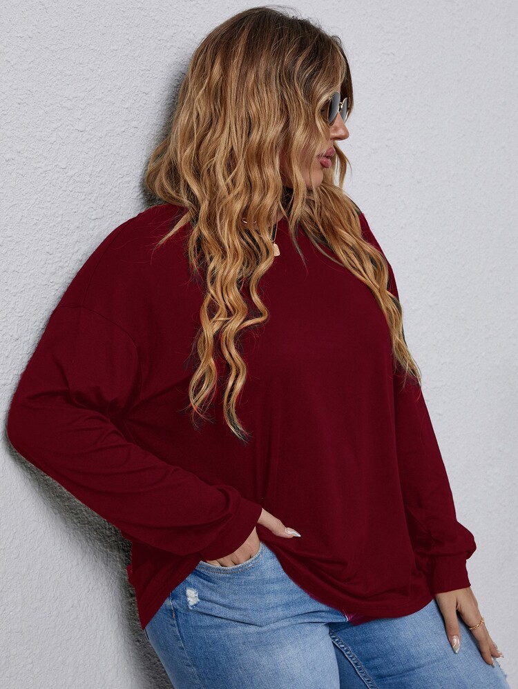 Áo thun Plus size Nút màu trơn Giải trí - Màu Đỏ Sâu - Xem 7