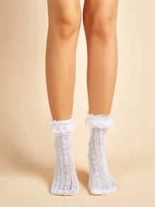 ROMWE Fairycore Valentine'S Day Heart Lace Mid-Calf Socks Lolita Style Cute Socks - White - View 4
