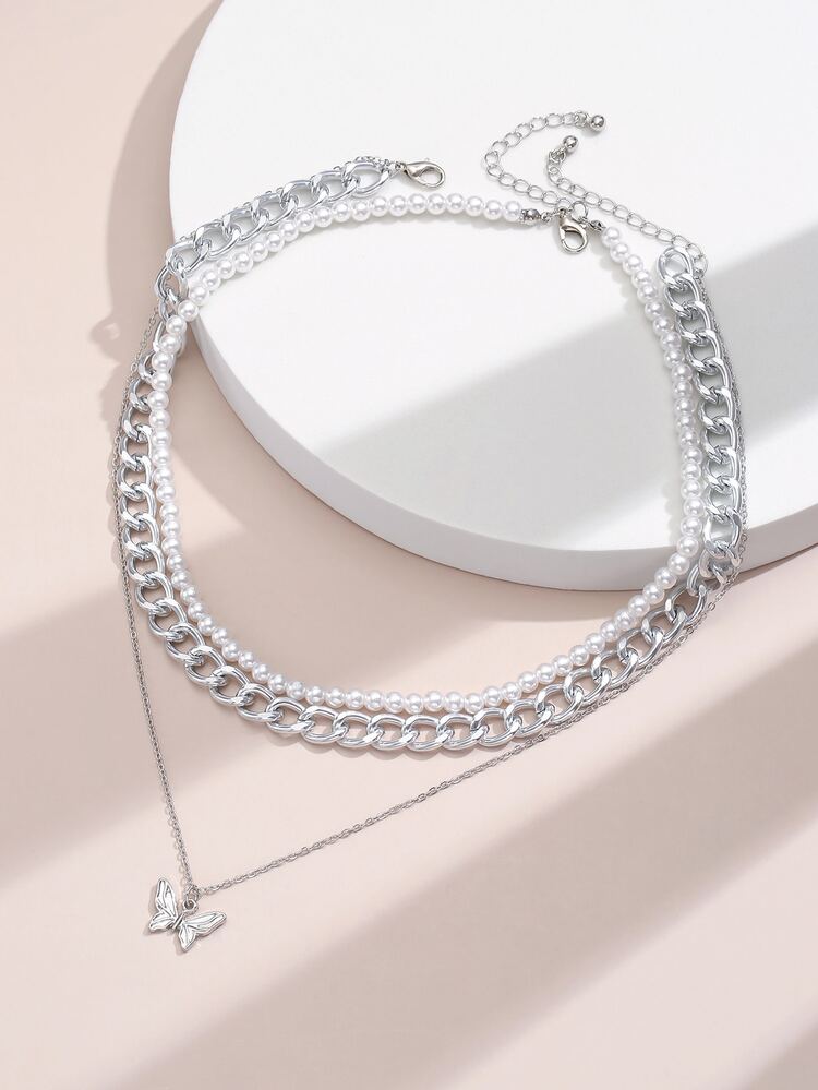 2入組蝴蝶吊墜項鍊 - 銀色 - 查看 1