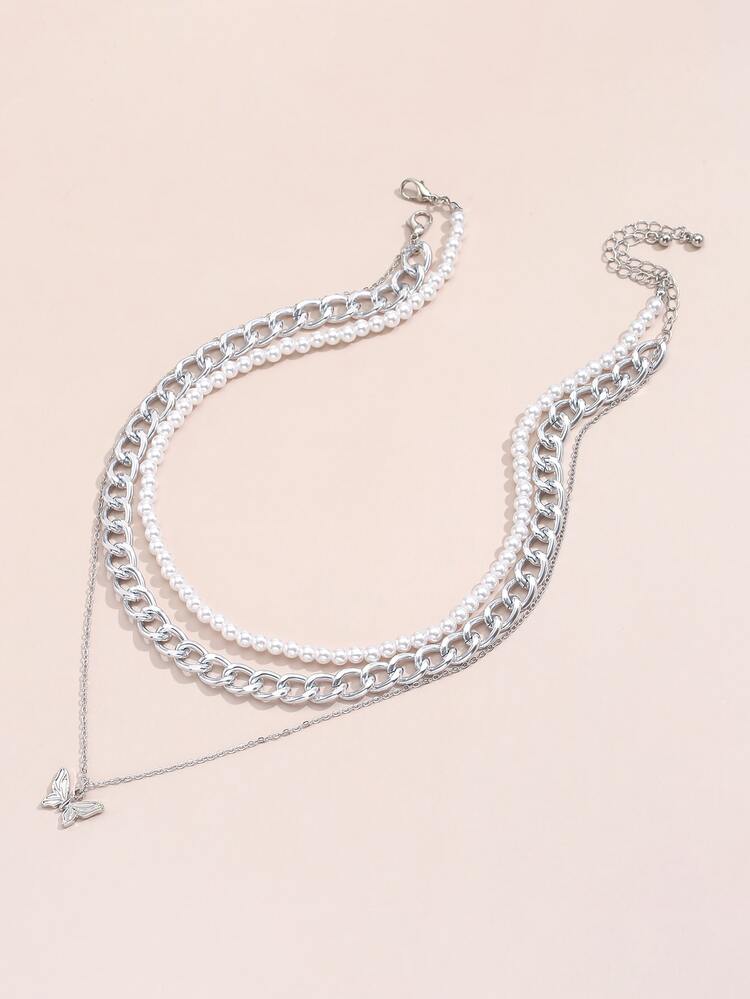 2入組蝴蝶吊墜項鍊 - 銀色 - 查看 2