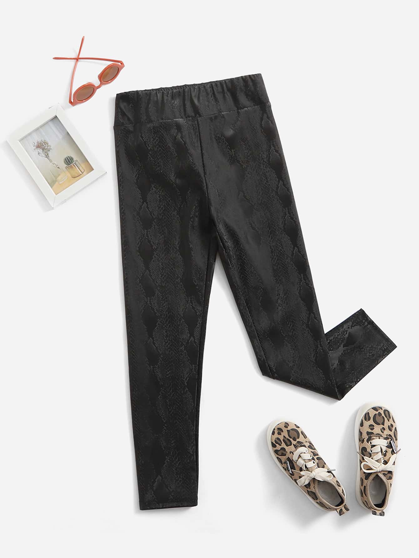 SHEIN 女孩蛇紋PU皮打底褲 - 黑色 - 查看 1