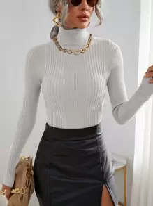 高領條紋針織修身套頭毛衣 - 白色 - 查看 1