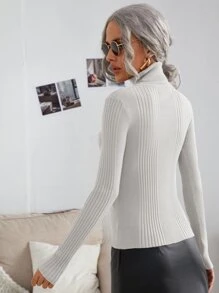 高領條紋針織修身套頭毛衣 - 白色 - 查看 2