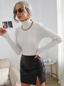 高領條紋針織修身套頭毛衣 - 白色 - 查看 3