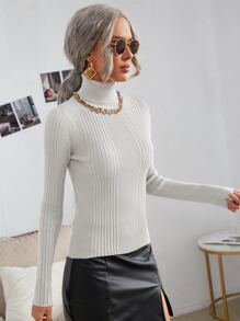 高領條紋針織修身套頭毛衣 - 白色 - 查看 4