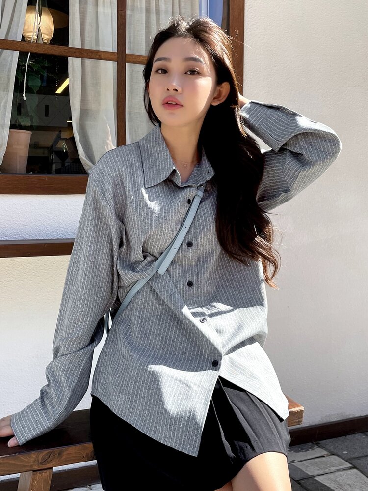 DAZY Striped Print Button Front Shirt - Grey - View 3