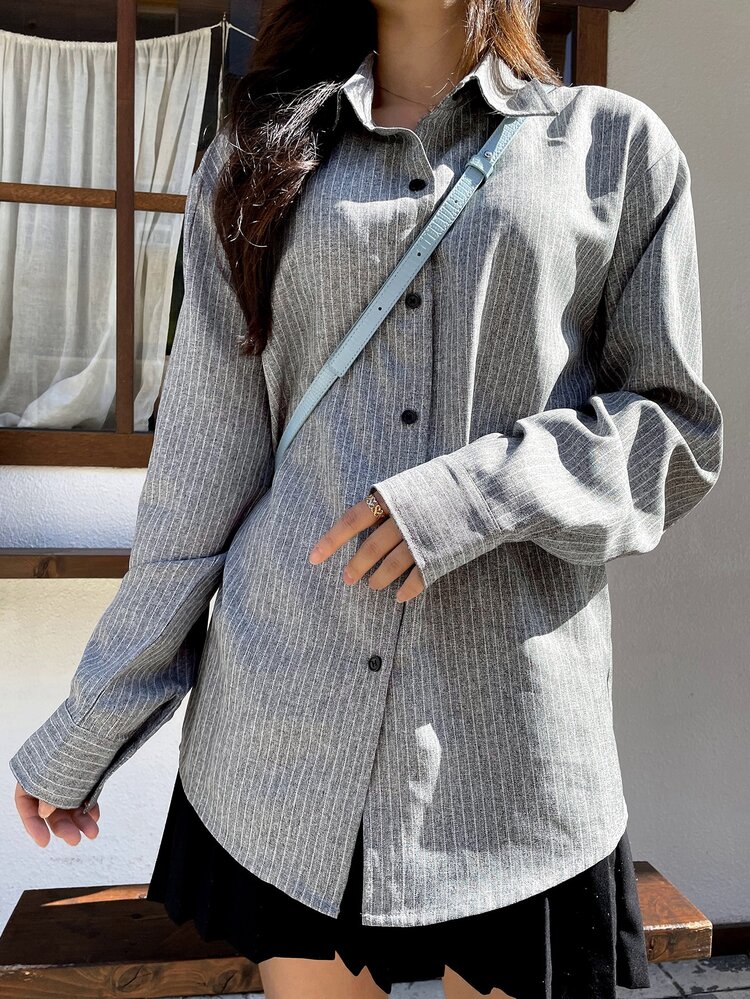 DAZY Striped Print Button Front Shirt - Grey - View 5