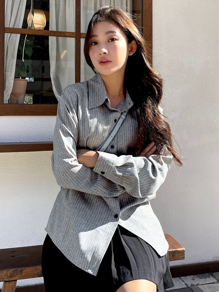 DAZY Striped Print Button Front Shirt - Grey - View 6