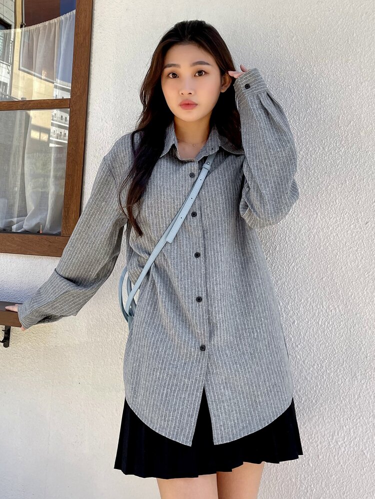 DAZY Striped Print Button Front Shirt - Grey - View 7