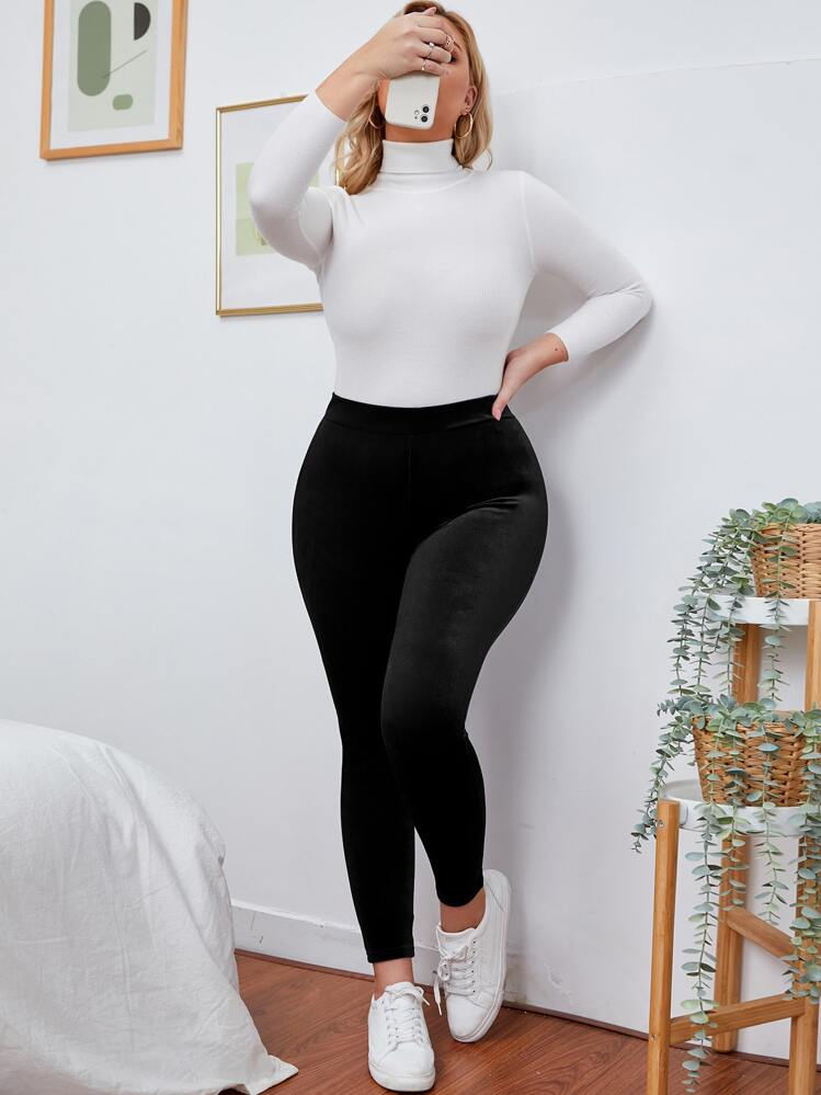 Calvaya 大碼高腰絲絨緊身打底褲 - 黑色 - 查看 4