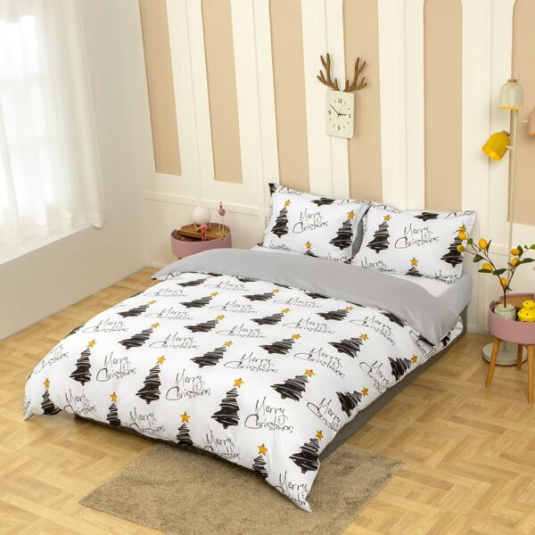 

Christmas Tree Print Duvet Cover Set Without Filler, Multicolor