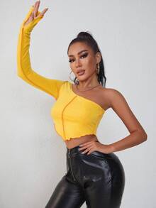 SHEIN SXY Camiseta corta de un hombro bajo asimétrico - Amarillo - Ver 4