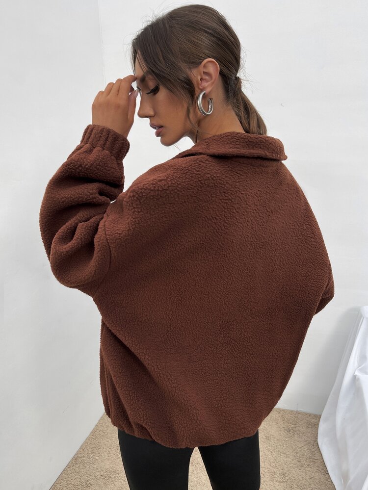 Half Zip Drop Shoulder Fleece Sweatshirt - Coffee Brown - View 2