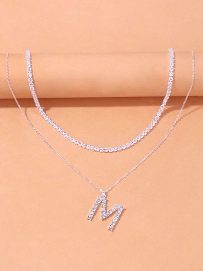 2pcs Rhinestone Letter Charm Necklace