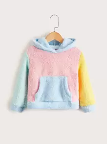SHEIN Young Girls Color Block Kangaroo Pocket Teddy Sweatshirt - Multicolor - View 1