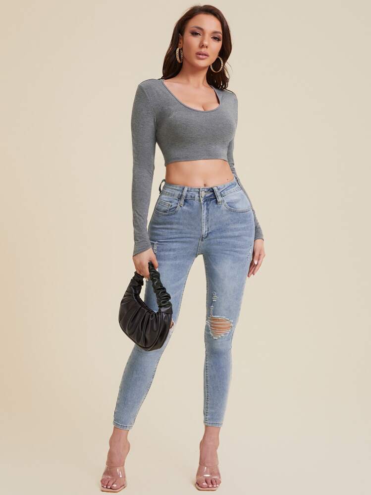 SHEIN SXY Áo thun crop top ôm sát - Xám - Xem 5