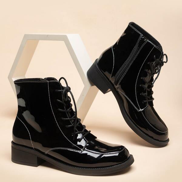 

Minimalist Lace-up Front Side Zipper Chunky Boots, Black