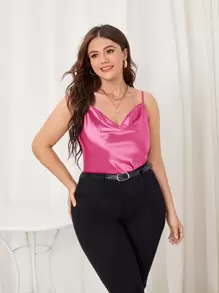 Plus Draped Neck Satin Cami Top - Hot Pink - View 1
