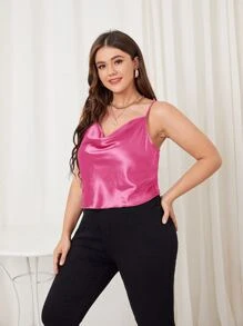 Plus Draped Neck Satin Cami Top - Hot Pink - View 3