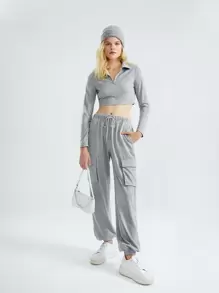 SHEIN Half Zipper Crop Tee & Flap Pocket Drawstring Waist Sweatpants