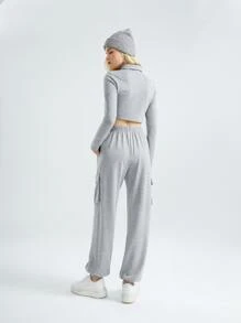 SHEIN Half Zipper Crop Tee & Flap Pocket Drawstring Waist Sweatpants