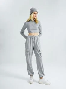 SHEIN Half Zipper Crop Tee & Flap Pocket Drawstring Waist Sweatpants