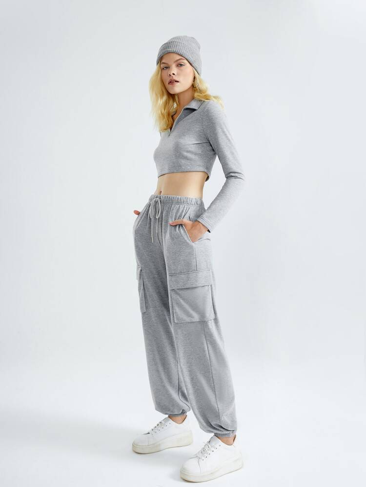 SHEIN 半拉鏈短款T恤和翻蓋口袋腰部抽繩衛褲 - 淺灰色 - 查看 5