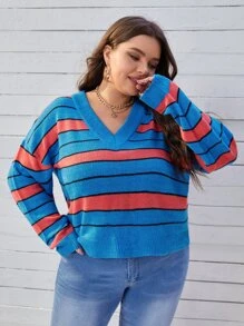 SHEIN Essnce 大碼塊狀條紋圖案落肩袖套頭毛衣 - 彩色 - 查看 1