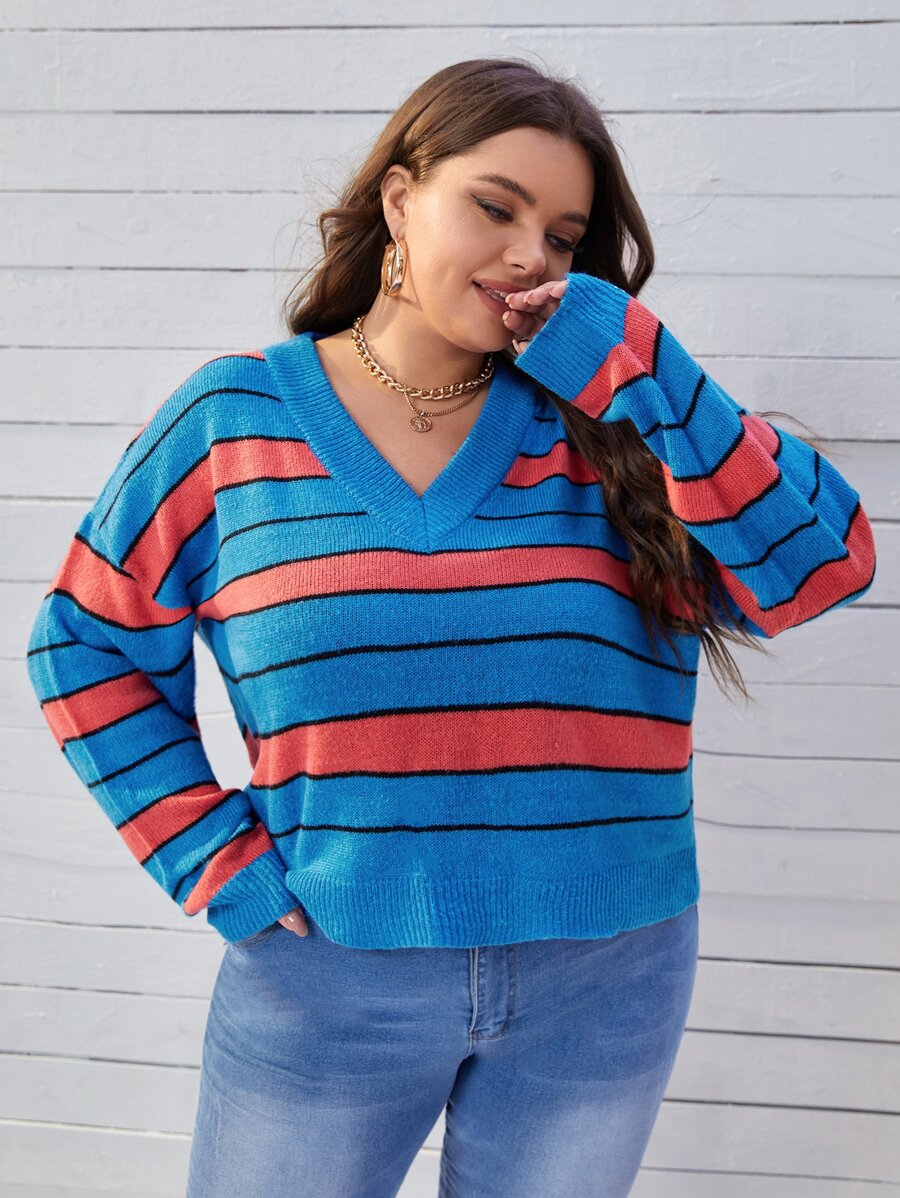 SHEIN Essnce 大碼塊狀條紋圖案落肩袖套頭毛衣 - 彩色 - 查看 1