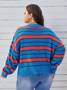 SHEIN Essnce 大碼塊狀條紋圖案落肩袖套頭毛衣 - 彩色 - 查看 2