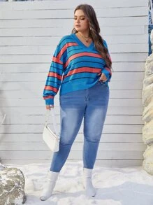 SHEIN Essnce 大碼塊狀條紋圖案落肩袖套頭毛衣 - 彩色 - 查看 3