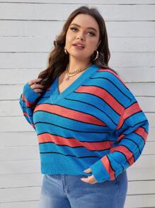 SHEIN Essnce 大碼塊狀條紋圖案落肩袖套頭毛衣 - 彩色 - 查看 5