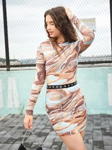 SHEIN Teen Girls Marble Print Fitted Dress Without Belt - Multicolor - View 5