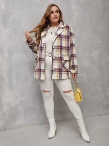 SHEIN LUNE Plus Plaid Flap Pocket Coat - Multicolor - View 4