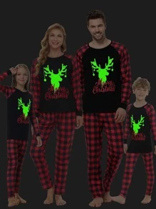 Girls 1PC Luminous Christmas & Gingham Print Raglan Sleeve Top & 1PC Trousers Snug Fit PJ Set - Multicolor - View 1