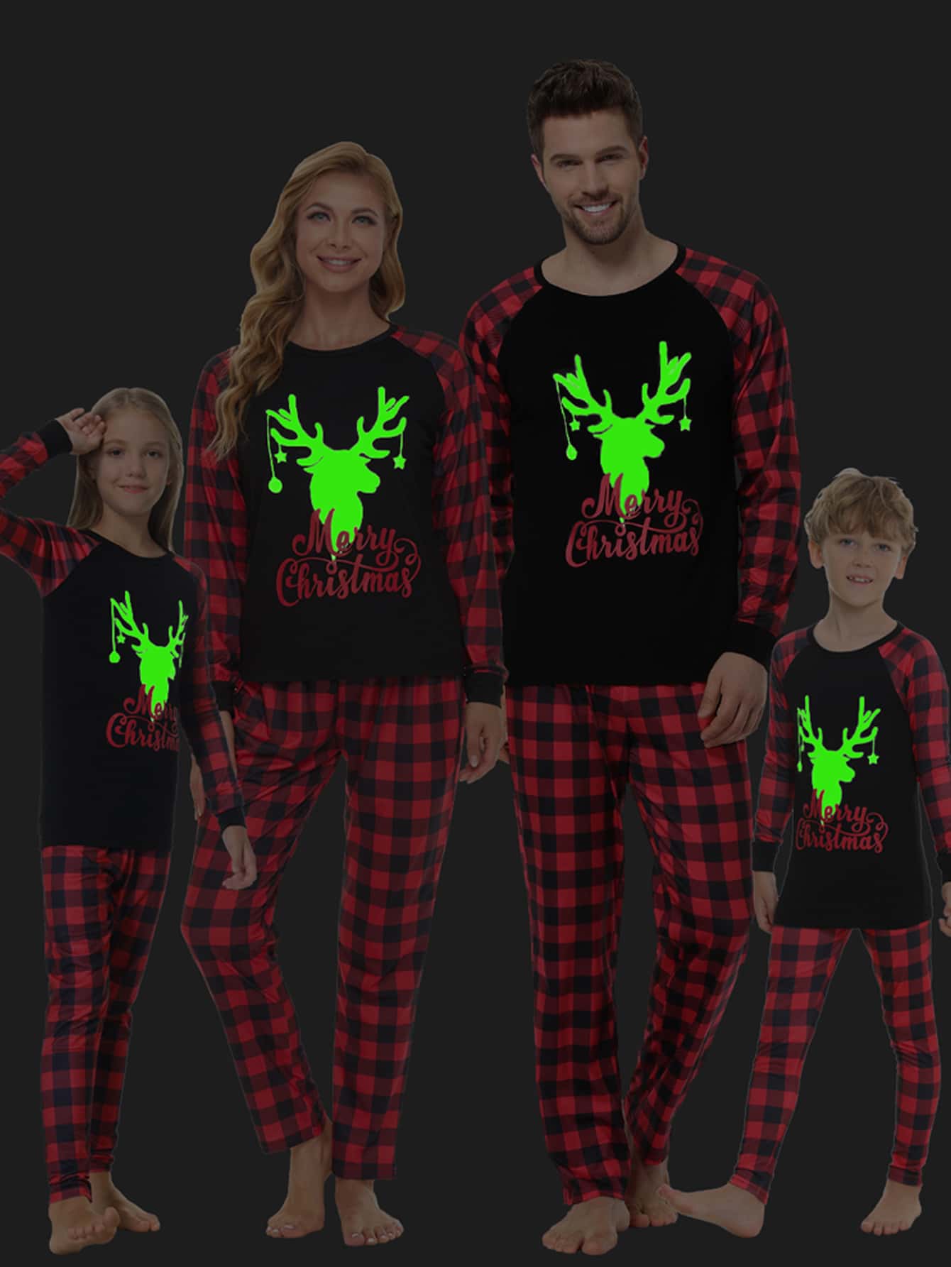 Girls 1PC Luminous Christmas & Gingham Print Raglan Sleeve Top & 1PC Trousers Snug Fit PJ Set - Multicolor - View 1