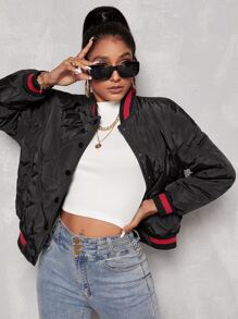 Letter Patch Detail Striped Trim Onion Quilted Bomber Jacket - Black - View 1