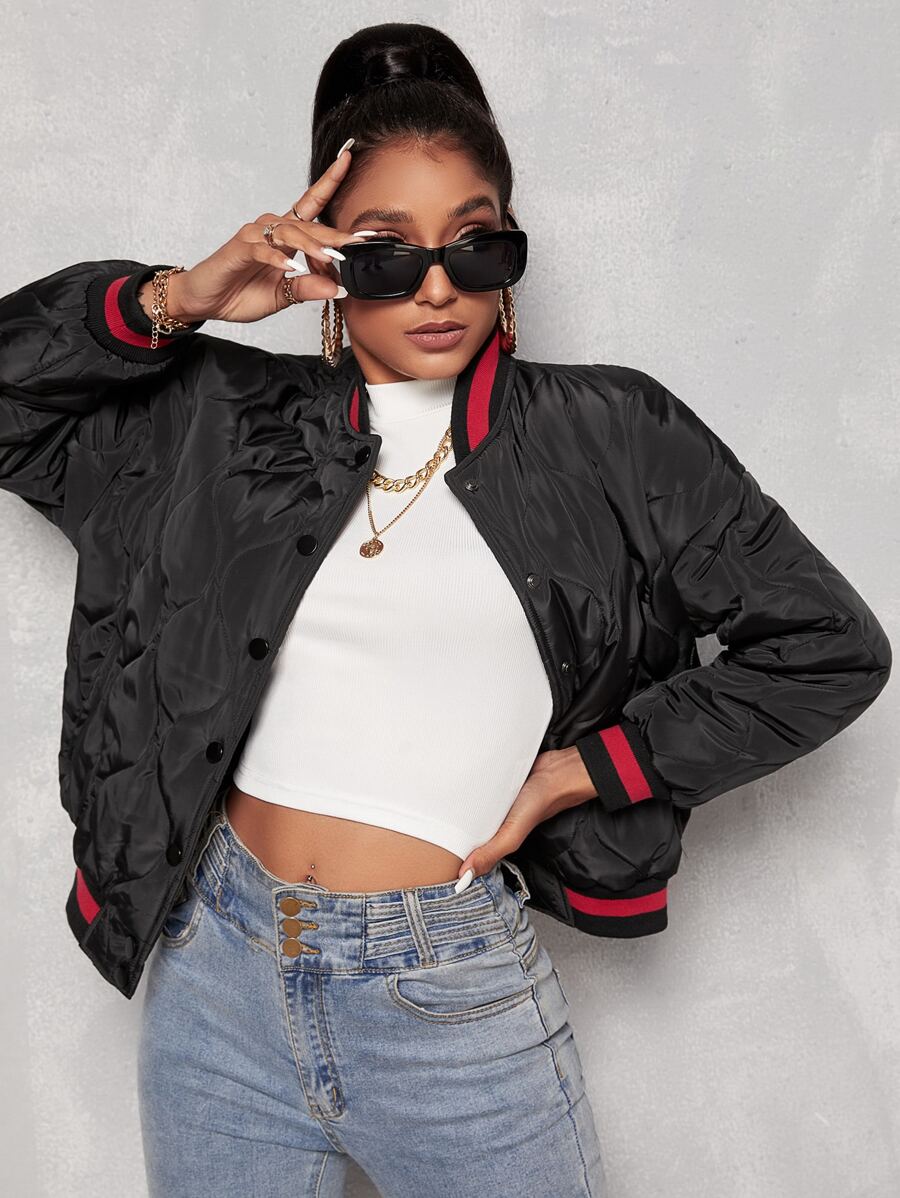 Letter Patch Detail Striped Trim Onion Quilted Bomber Jacket - Black - View 1