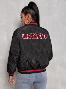 Letter Patch Detail Striped Trim Onion Quilted Bomber Jacket - Black - View 2