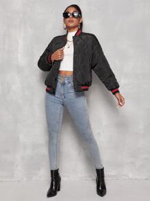 Letter Patch Detail Striped Trim Onion Quilted Bomber Jacket - Black - View 3